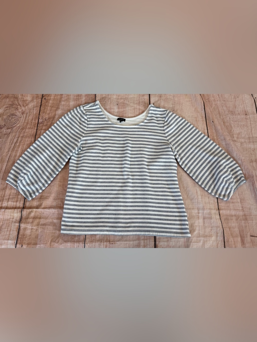 Talbots Striped Shirt Large Cotton Blend 3/4 Bubble Sleeve Blue White Coastal